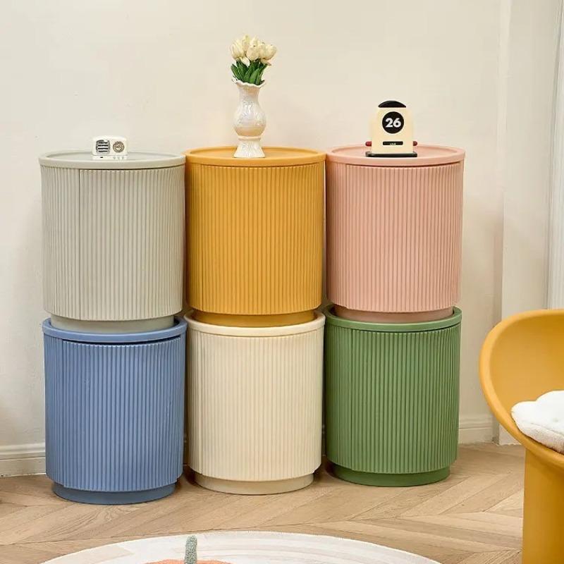 Simple Two-Tier Storage End Table Round Plastic Side Table with Drawer for Living Room Bedroom Small Circle Accent Table Ottoman