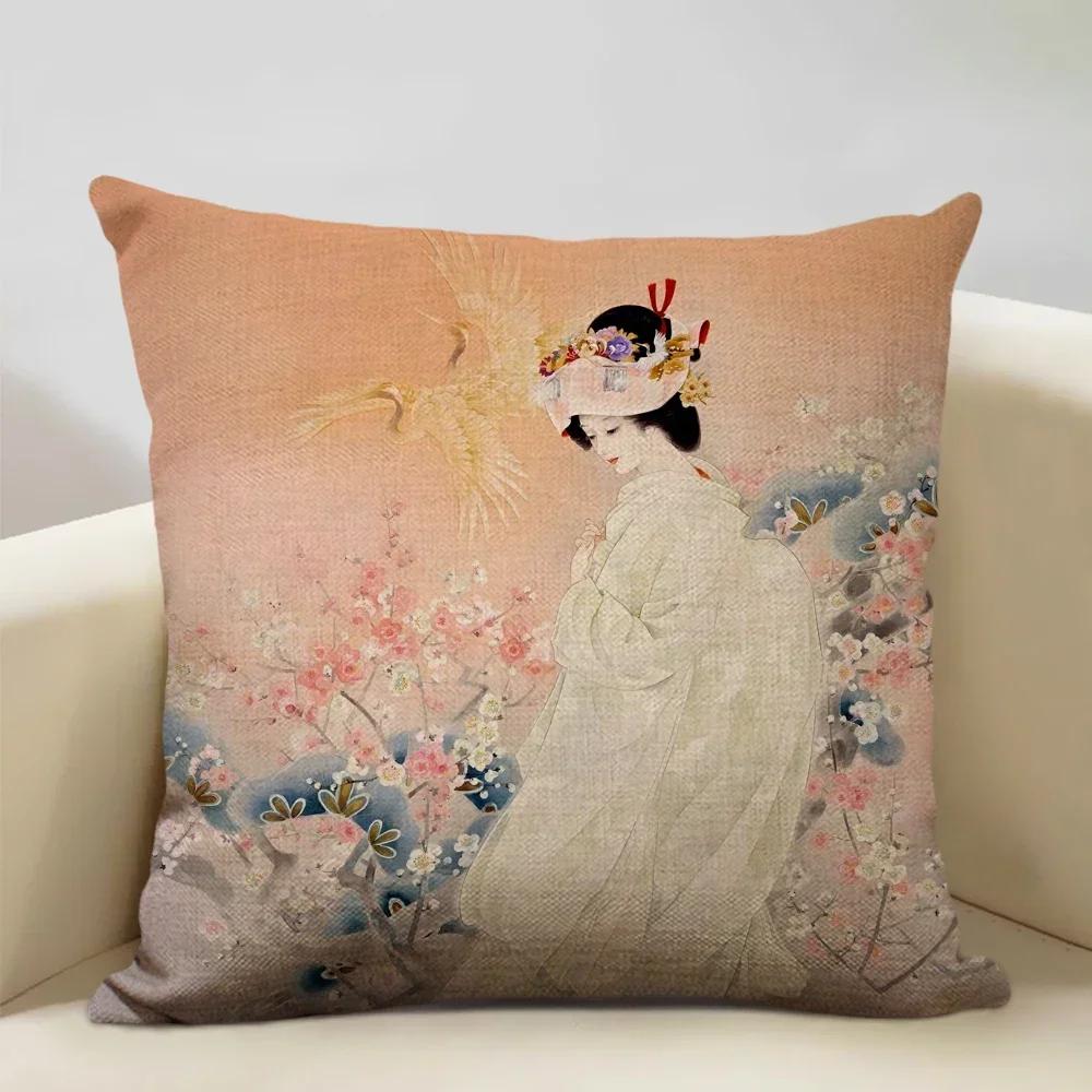 Classic Japanese Lady Decorative Cushion Cover Living Room Sofa Pillow Case 45x45cm Linen Pillowcase Home Art Decor