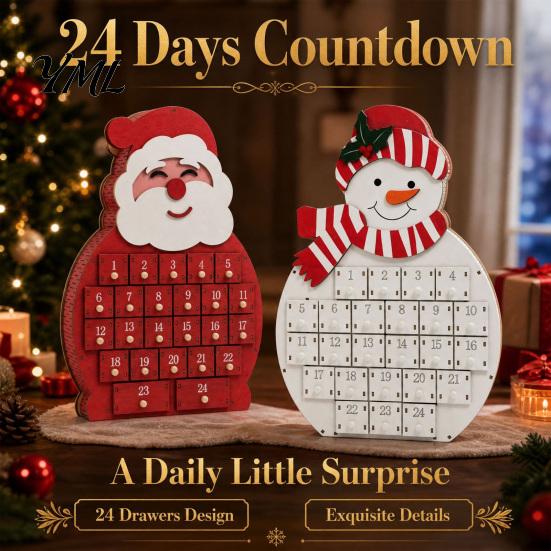 Christmas Advent Calendar Wooden Santa Snowman Calendar, 24-Day Countdown Box with Shop Window Display Numbered Drawers, Tabletop Decor, Candy