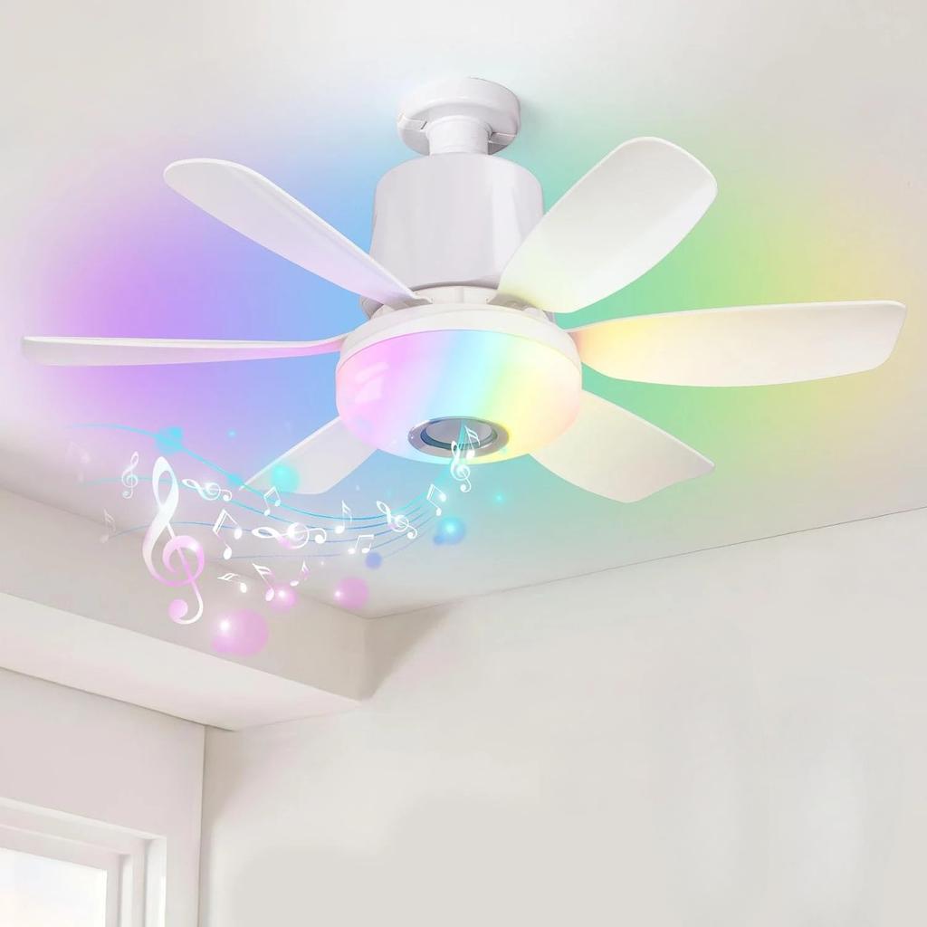 2026 New RGB Color Changing E27 Ceiling Fans with Remote Bluetooth Music 32W Led Ceiling Fan Light for Bedroom Kitchen Lighting