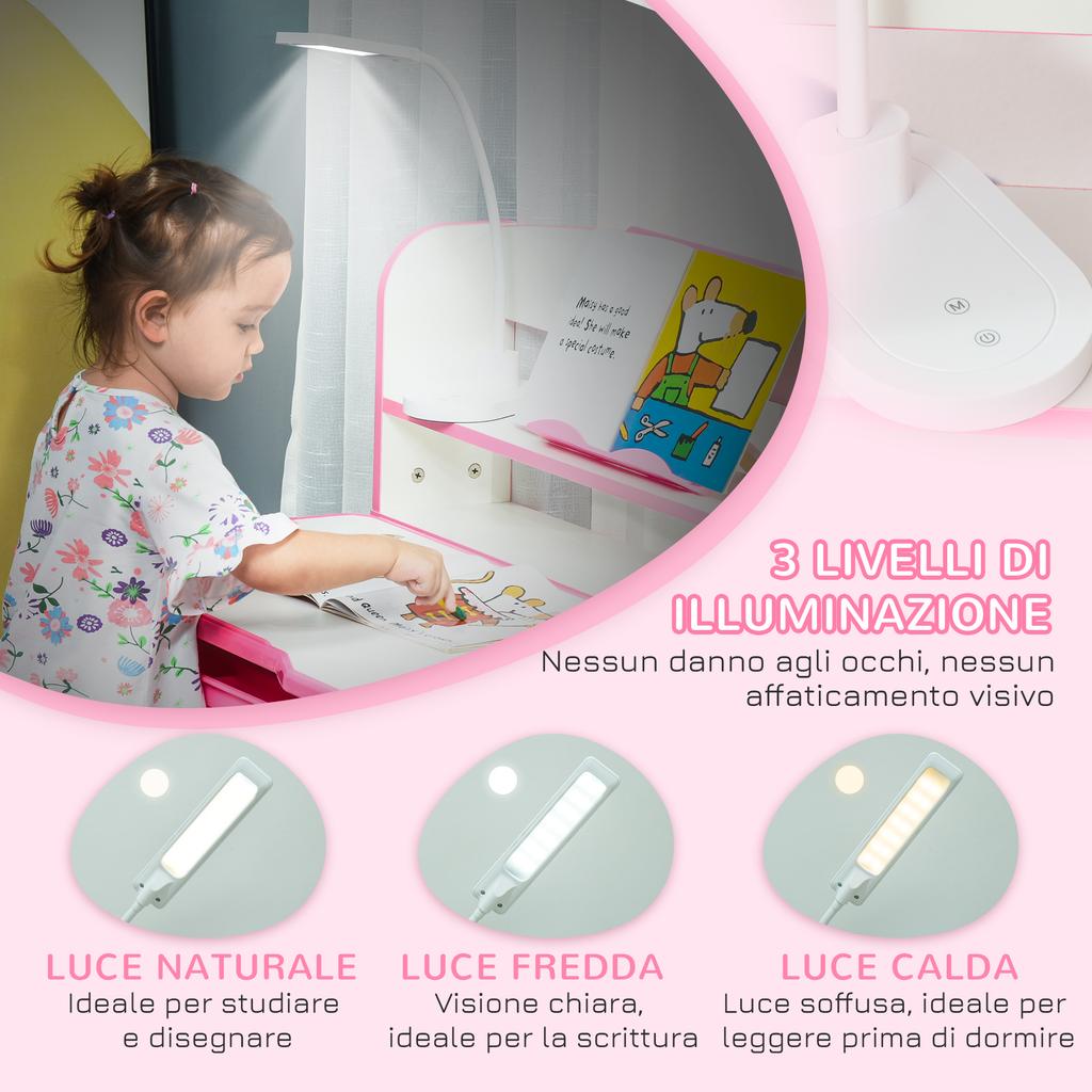 Scrivania Scolastica per Bambini 6-12 Anni Regolabile con Luce LED, Pupitre e Portapenne, in MDF, PP e Acciaio, Rosa