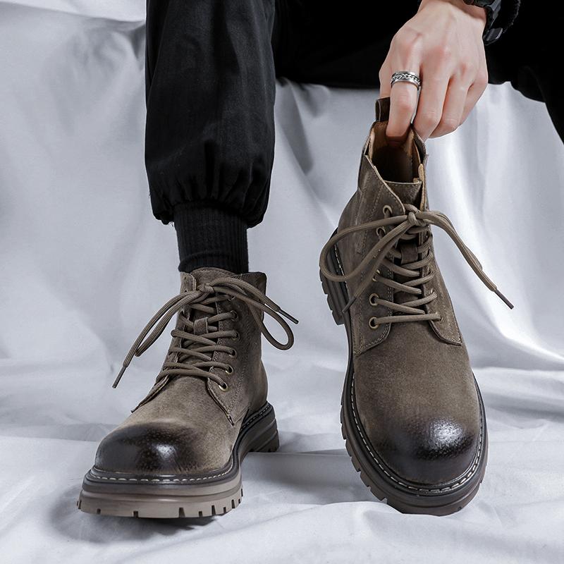 British Style High Top Boots Men's Leather Shoes Fashion Motorcycle Ankle Boots For Men Winter Thick Soled Lace-Up Man Military