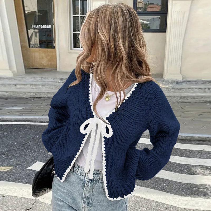 Women Loose Bow Tie Cardigan Sweater Long Sleeve V-neck Knit Top Casual Streetwear Elegant Lace Up Cozy Autumn Outerwears
