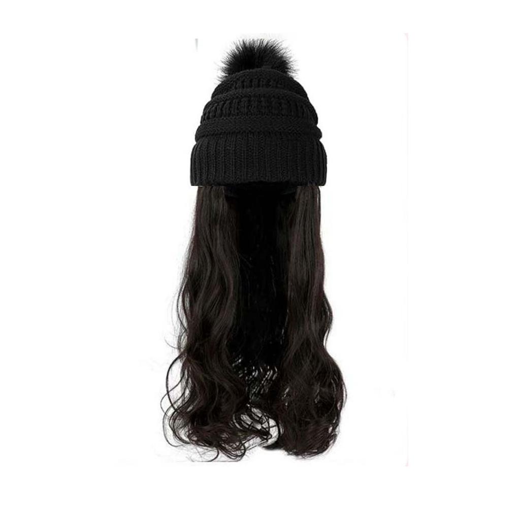 Autumn Winter New European American Women's Long Curly Hair Big Wave Hat Solid Color Knitted Yarn Wig Diagonal Bangs