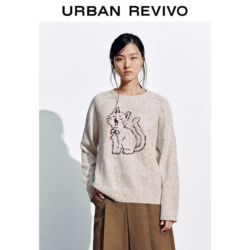 UR 2026 Women s Cute Cat Jacquard Plush Knit Sweater XS легкие хаки