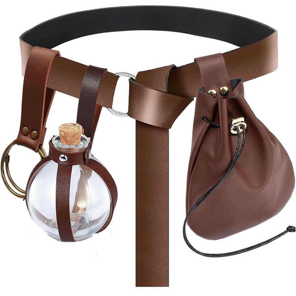 Medieval Leather Waistband Belt with Cord and Pouch
