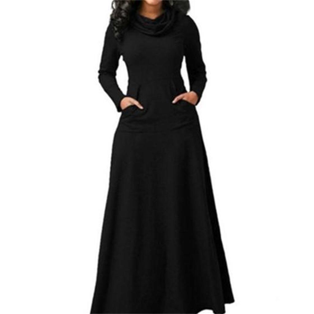 Ladies Style Autumn and Winter Solid Color Stitching Pocket Bib and Big Swing Long Dress EMA