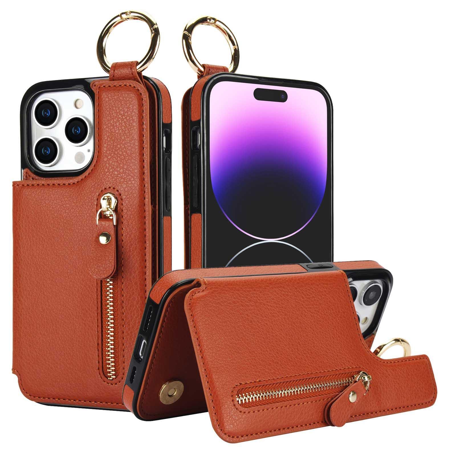 

Подходит для S24 кожаный чехол-кошелек на молнии S23 чехол для телефона с несколькими картами Note10 и кольцом A15 защитный чехол A73 Samsung A15+4G+5G коричневый