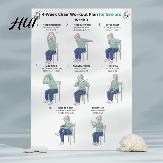 Yoga sulla Sedia per Anziani 4 Pezzi 4 Settimane Tabella Esercizi Anziani Allenamento Completo da Seduti Allenamento a Casa Anziani Senza Palestra & Poster di Forza Basso Impatto