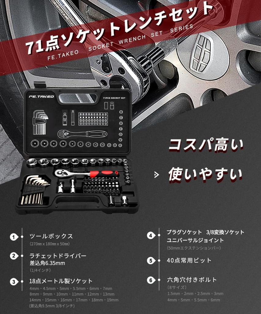 72-Piece Socket Wrench Set, Precision Tool Set, DIY Tool Set, 6.35mm (1/4 Inch) Drive, Ratchet Wrench, Car Maintenance, Home Tool Set