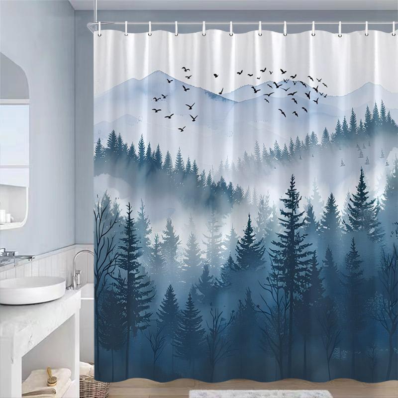

Misty Forest Shower Curtains Pine Trees Mountain Plant Birds Blue Abstract Art Landscape Polyester Fabric Bathroom Curtain Decor W60H190(CM)-1 Pcs