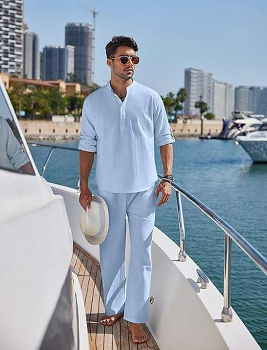2024 Men's Solid Color Cotton Linen Henley Shirt & Long Pants Set - Autumn/Winter Casual Wear