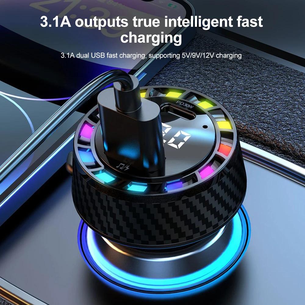 Car Bluetooth FM Transmitter Charger PD 30W Fast Charging USB Type C MP3 Player Handsfree Call Wireless Car Kit with LED Light