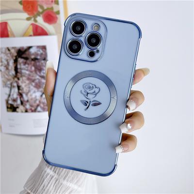 Luxuriöses Vergoldungs-Rosenblumen-Rahmen Magsafe Magnetische Handyhülle für iPhone 11 12 13 14 15 Pro Max Objektivschutz auf 14 Plus Hülle