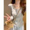[Original Quality] Sweet Big Neckline U-neck Lace Splicing Autumn and Winter New Bottoming Shirt with T-shirt Top Women