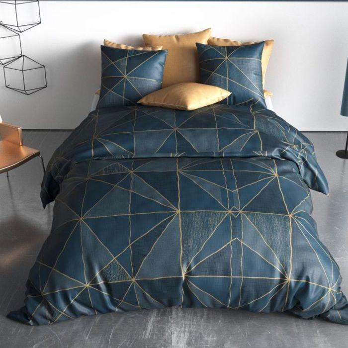 Parure De Lit - Housse Couette + 2 Taies - 260 X 240 Cm - Géométrique - Bleu Pétrole Et Doré