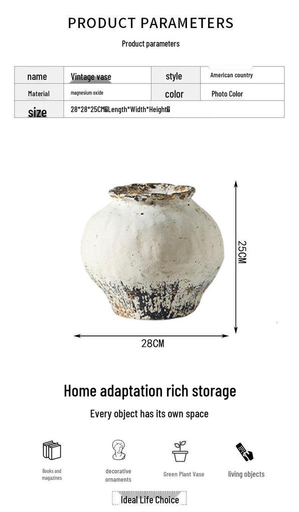 Rustic White Distressed Zen Pottery Jar for Dried Flowers - Chinese Style Vase Ornament for Home or Hotel Decor