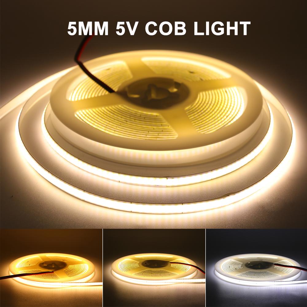DC5V COB Strip 5MM Width Flexible Ribbon Tape Home Decor TV Backlight 320leds/m FOB LED Lights White/Warm White /Natural White
