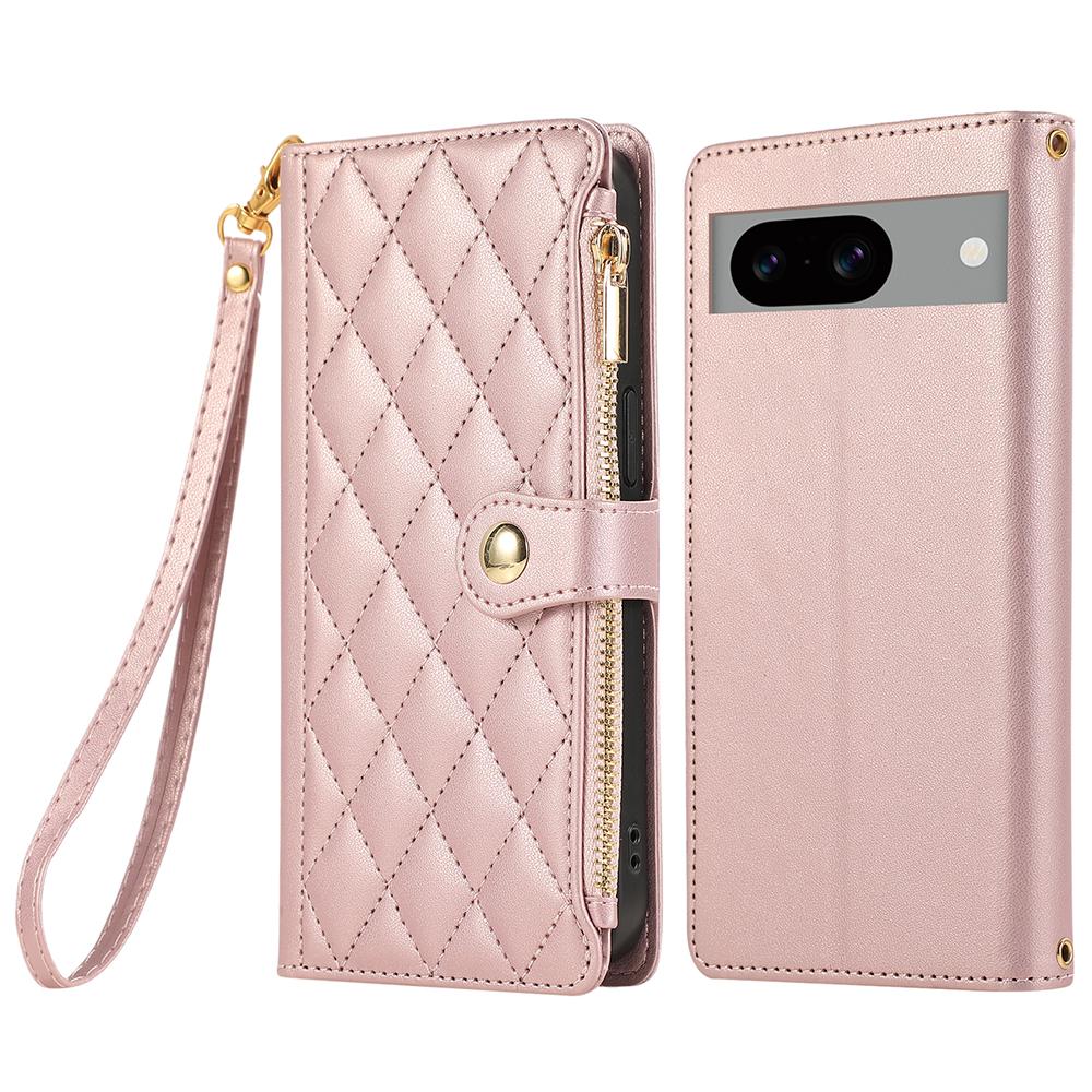 For Google Pixel 8a Case Multi Card Slots Zipper Rhombus Leather Phone Cover with Wrist Strap