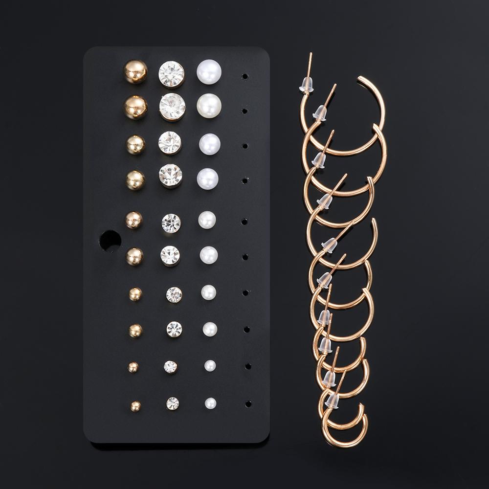 New Gift Women Girls Pearl Zircon Ear Stud Hoop Ring Earrings Set