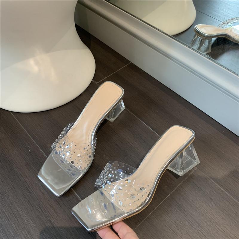 Transparent crystal thick heel cool slippers women's fashion rhinestone sandals
