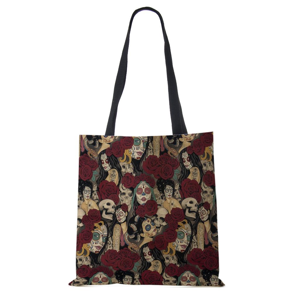 Women Handbag Skeleton Print Linen Totes with Print Casual Traveling Beach Gift Bags