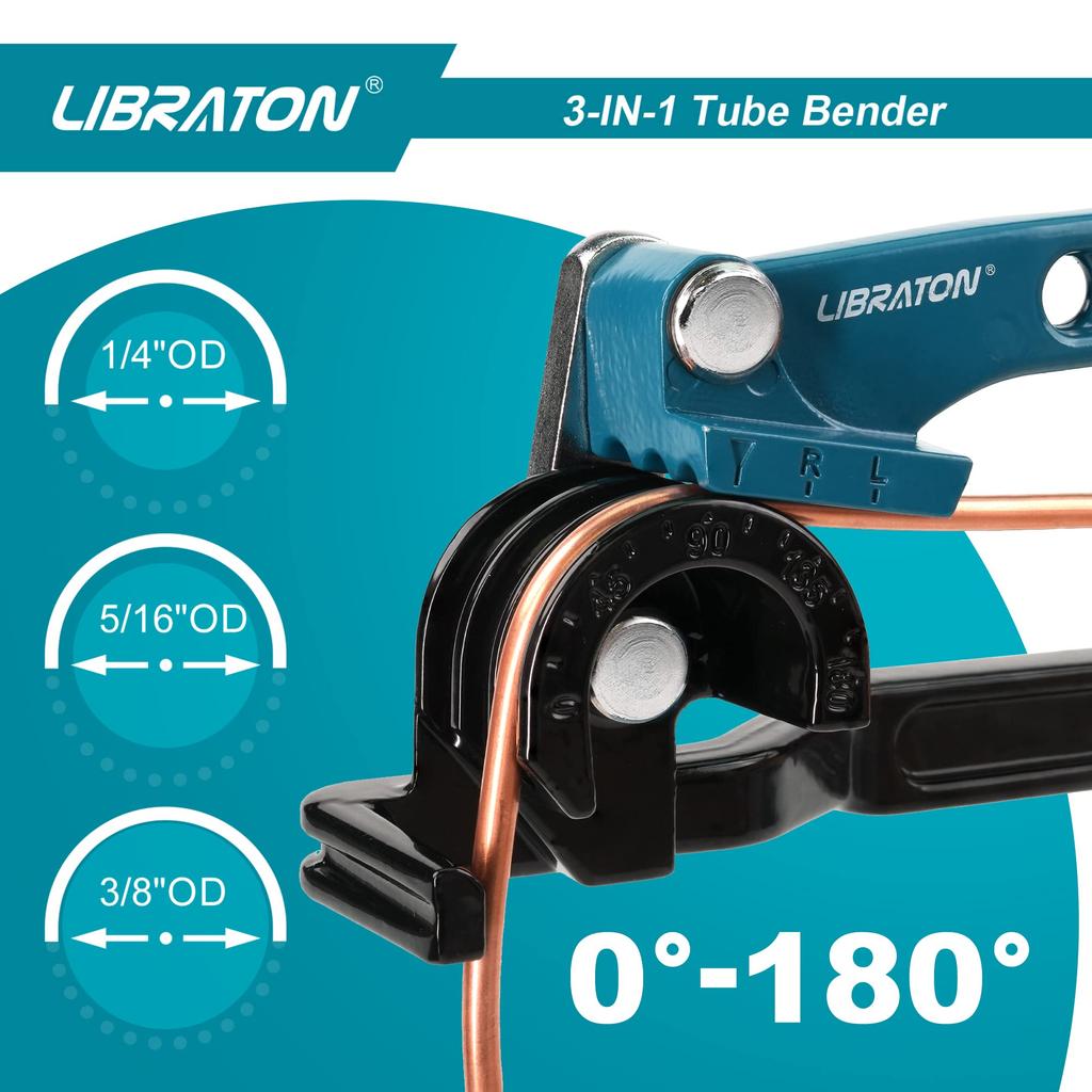 LIBRATON Rohrbieger, Kupferrohrbieger für 1/4", 5/16" und 3/8" Weichmetallrohre, 180-Grad-Biegungen, Klimaanlagen-Sanitärwerkzeug für Kupfer, Messing