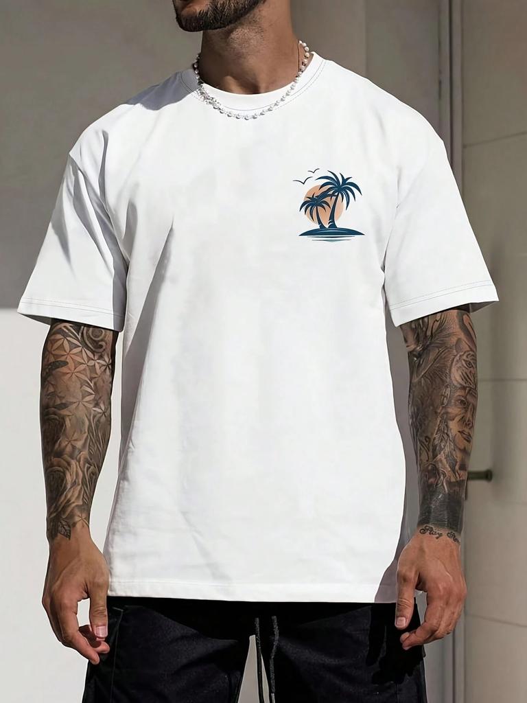 2026 Summer New Style Unisexs Pure Cotton Tshirt Simple Coconut Tree Print Street Casual Fashion Comfortable and Soft