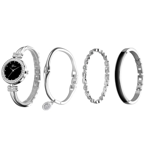 

Простой и милый женский набор из 4 предметов: часы и браслеты-банглы с аналоговым дисплеем, водонепроницаемые, популярные, стильные серебристые часы, идеально подходят в качестве подарка на дни рождения,