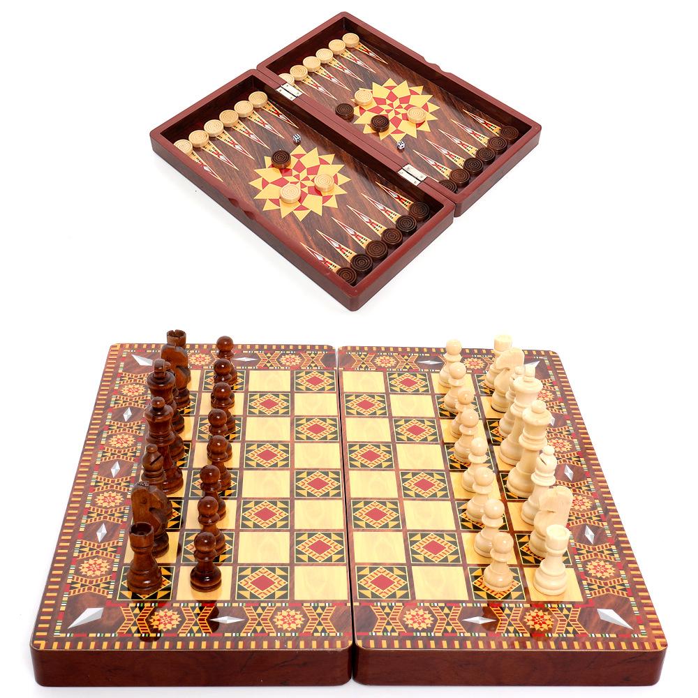 40cm 3-in-1 Chess, Checkers & Backgammon Large Wooden Folding Board 40cm
