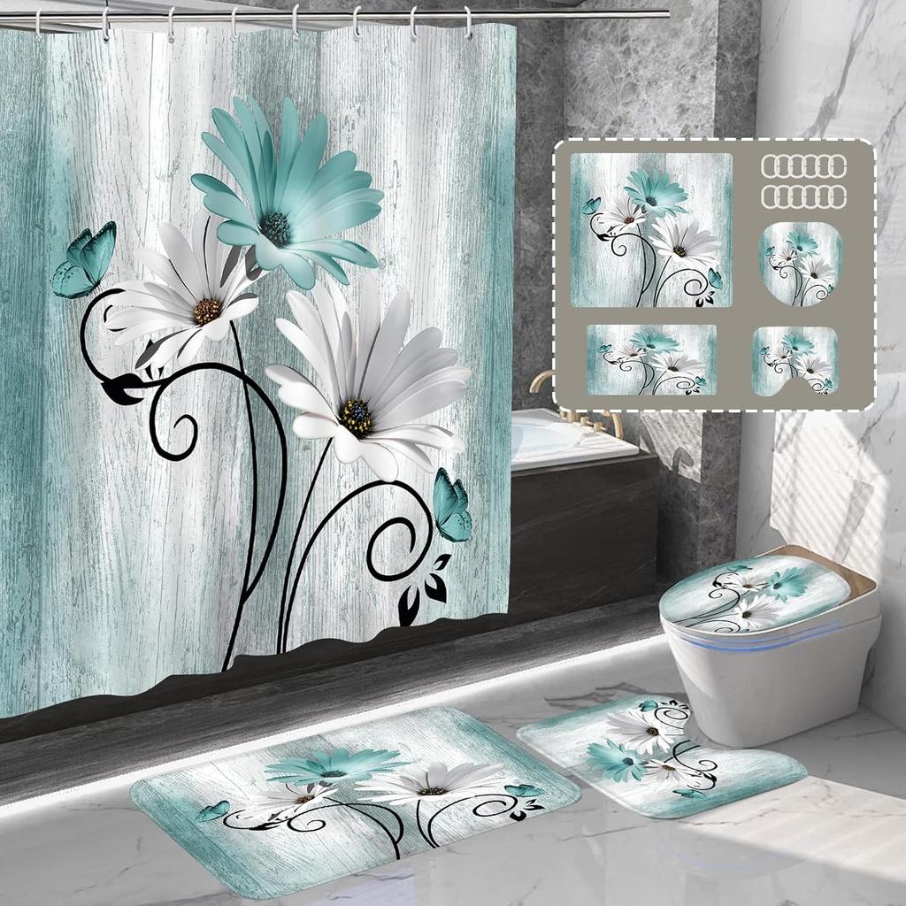 4Pcs Black Marble Shower Curtain Sets with Rugs Gold Bathroom Sets with Shower Curtain and Toilet Lid Cover Modern Bathroom Deco