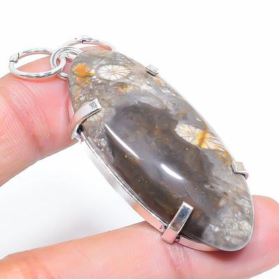 Natürlicher Fossilkorallen Edelstein Handgefertigter 925 Sterling Silber Anhänger 2,29" B4P14