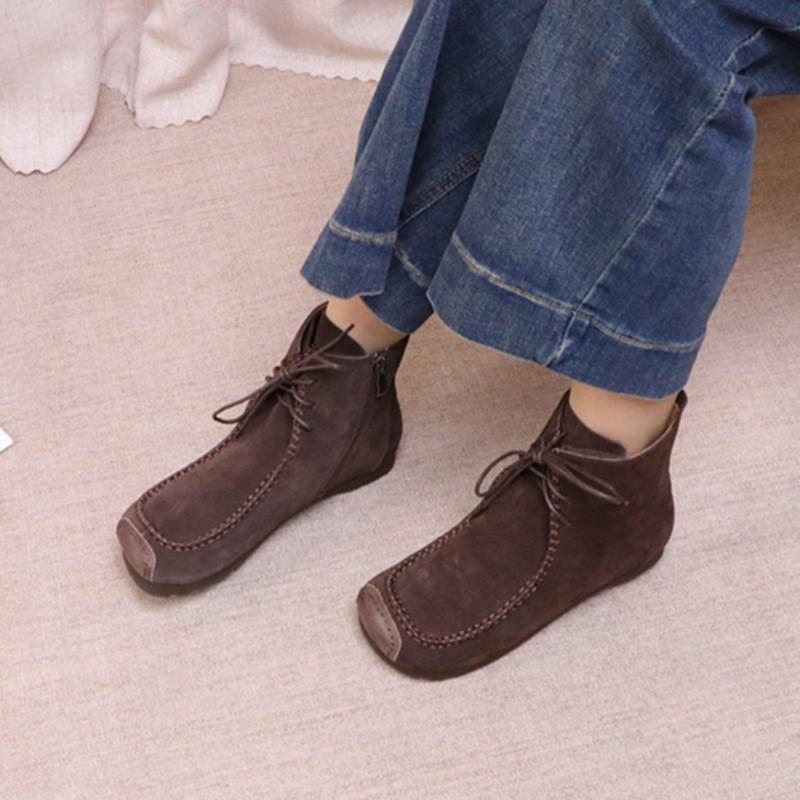 Johnature Retro Cow Suede Lace Up Short Boots Versatile Square Toe Soft Sole Comfortable Women's Ankle Boots
