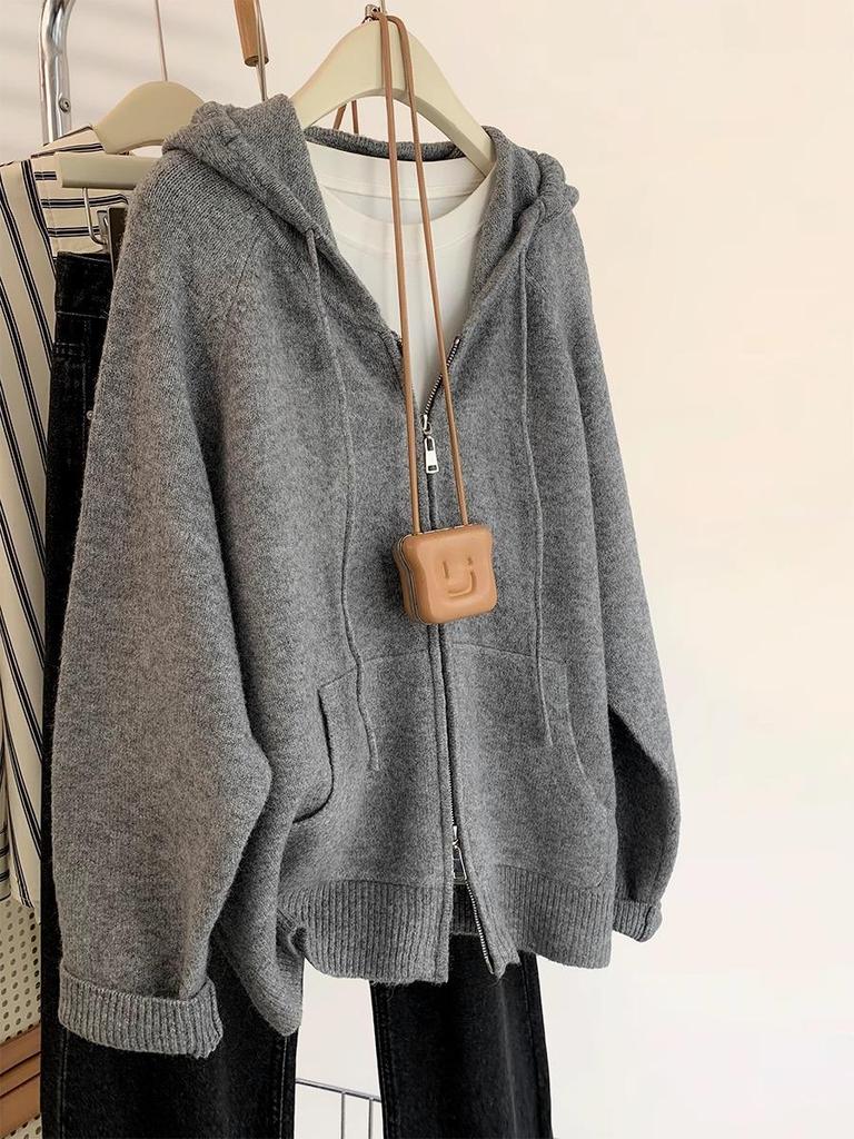 Hooded Zipper Knit Cardigan - 2025 Autumn/Winter Collection, Loose Fit, Solid Color, Casual Versatile Top
