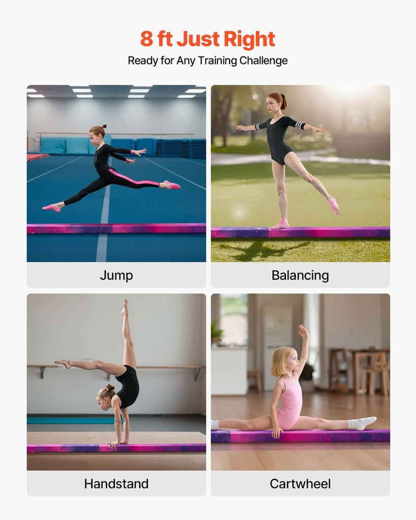 2,4 m faltbarer Balancebalken für Kinder, 136,1 kg stabiler Halt, Gymnastik-Bodenbalken mit rutschfester Matte, Holz-Kern-Gymnastik-Trainingsgerät mit