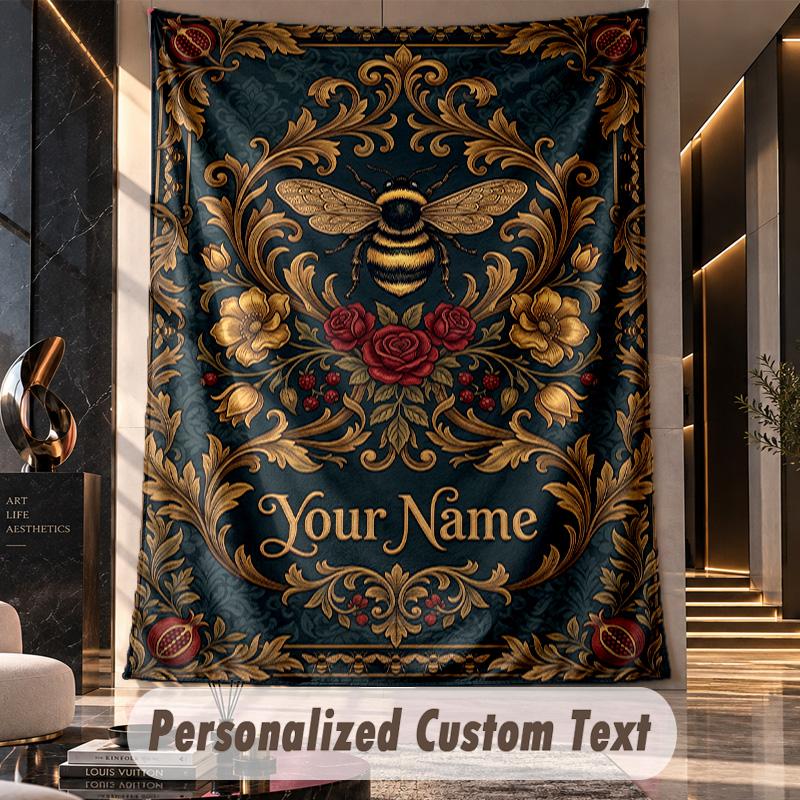 Bee Artwork Theme Wall Tapestry Customized With Name Text Personalized Hanging Tapestry For Bedroom Living Room Decor