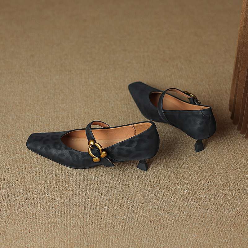 Krazing Pot Sheep Skin Summer Spring Autumn Stiletto Med Heels Leopard Women Square Toe Metal Decoration Shallow Pumps