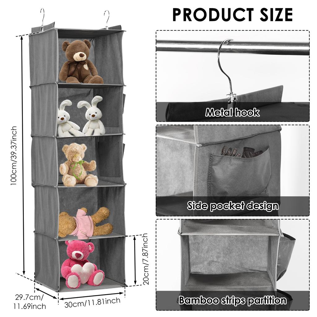5/6 Storey Shelf Hanging Storage Shelf with Side Pockets and Hooks Foldable Hanging Closet Organizer for Clothes and Plush Doll