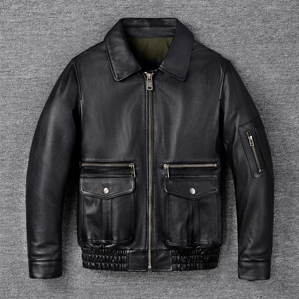 Vintage Red Brown Men Genuine Leather Jacket Real Cow Skin Coat Flight Suits Pilot Bomber Men's Jackets Spring Autumn