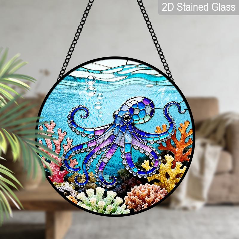 2D Flat Stained Glass Octopus Ocean Theme Window Decoration, 7.87inches The Blue Octopus in The Coral Design Colored Glass Plate with Chain, Summer