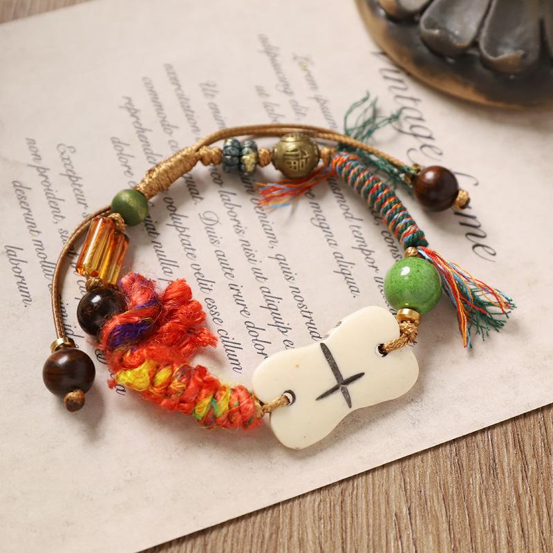 Handwoven Xizang Beef Bone Bracelet Retro Tibetan Hand Rope Niche Design Exotic Men's and Women's Bracelets