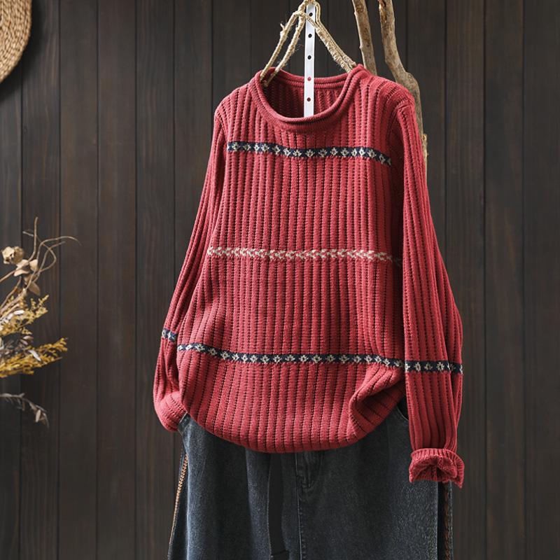 Women's Retro Striped Jacquard Knit Sweater - Loose Fit, Plus Size, Cozy Autumn/Winter Pullover