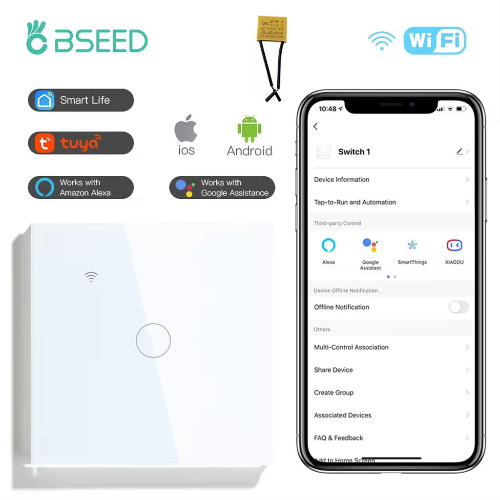 BSEED Wifi Touch Light Switches 1/2/3/4Gang Smart Wall Switch Tuya Smart Life Alexa Voice Control With Capacitor