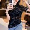 Summer Short Sleeve Mesh Lace Shirts And Blouses 2023 Fashion Stand Vintage Black Sexy Tops Lady See Through Shirts Blusas 26608