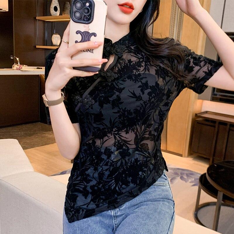 Summer Short Sleeve Mesh Lace Shirts And Blouses 2023 Fashion Stand Vintage Black Sexy Tops Lady See Through Shirts Blusas 26608
