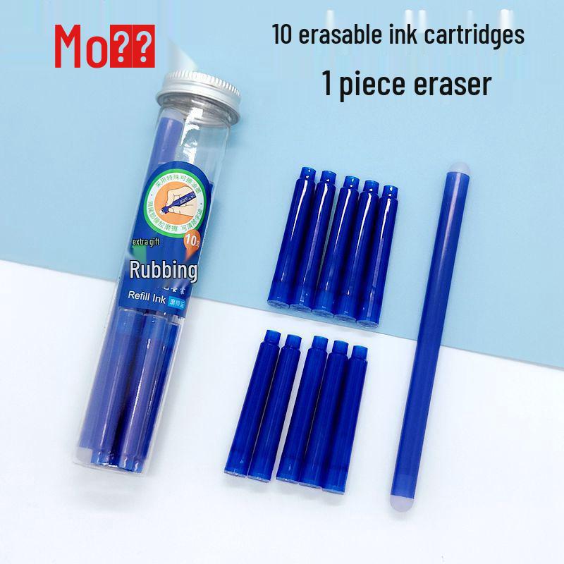10-Pack MG Fountain Pen Erasable Blue Refill Cartridges 1 bucket [10 ink cartridges + 1 eraser]
