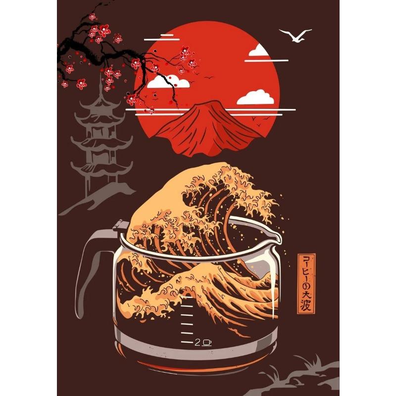 Die große Welle von Kaffee Leinwandmalerei Druck Kaffeeliebhaber Poster Japanische Kunst Kanagawa Wand für Wohnzimmer Heimdekor Geschenk