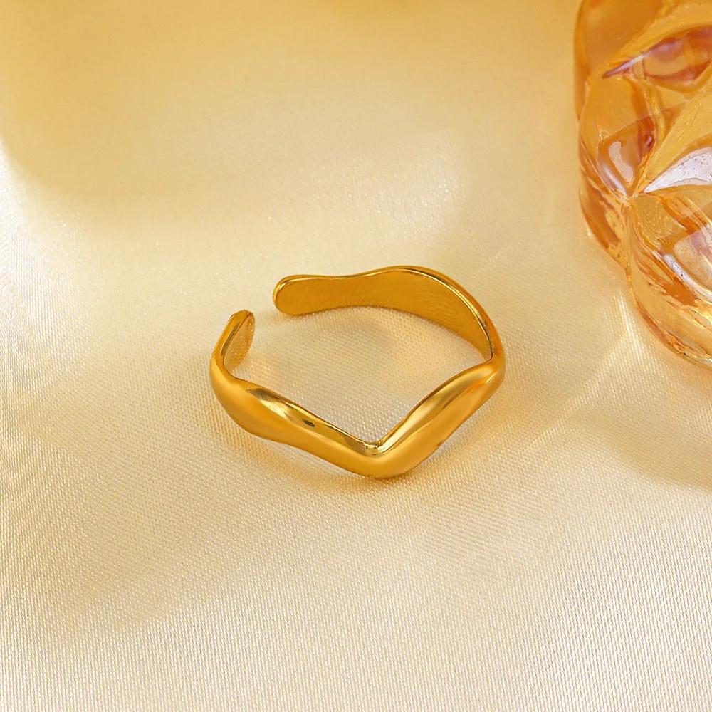 Vintage Stainless Steel Geometric Wave Rings for Women Gold Color Adjustable Rock Ring Aesthetic Wedding Trend Jewelry Gift