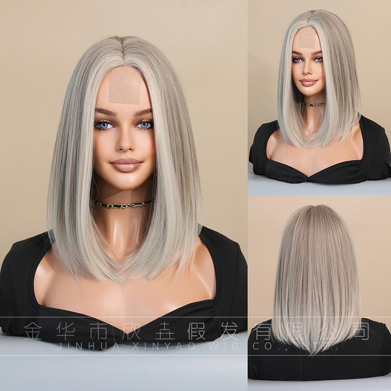 European American Small Lace Wig Full Headset Gradient Gold Wave Head Shoulder Length Women's Short Straight Hair
