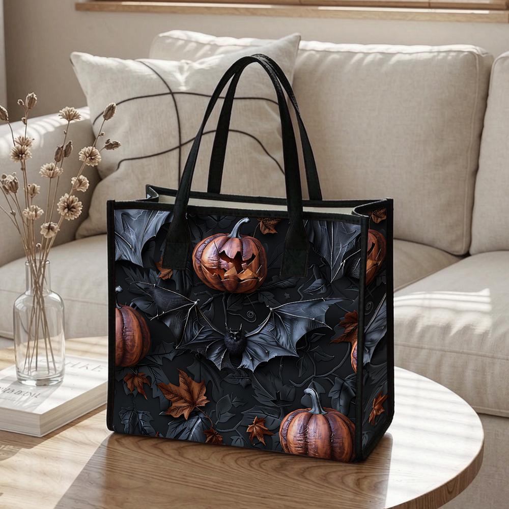 Halloween Pumpkin Bat Pattern Tote Bag Fashion Portable Daily Use Handbag 